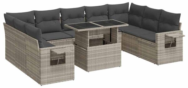 10 részes világosszürke polyrattan kerti ülőgarnitúra párnákkal