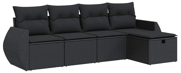 5 részes fekete polyrattan kerti kanapészett párnákkal