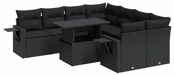 9 részes fekete polyrattan kerti ülőgarnitúra párnákkal