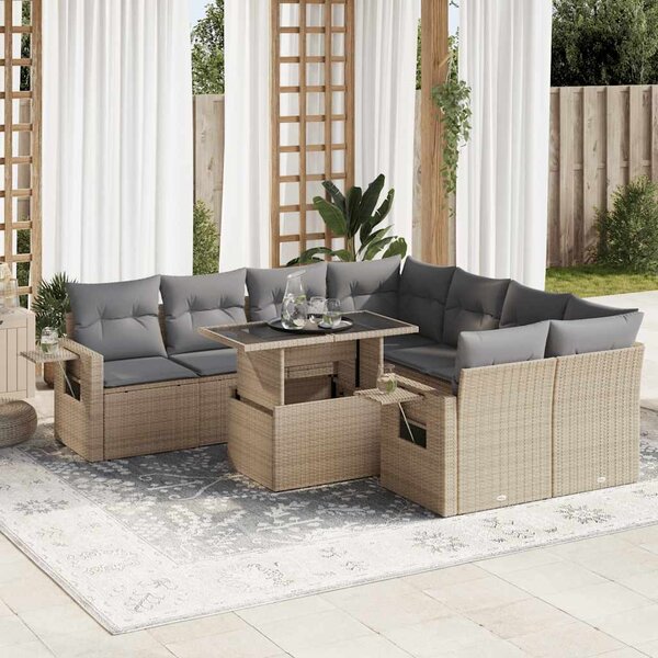 9 részes bézs polyrattan kerti ülőgarnitúra párnákkal