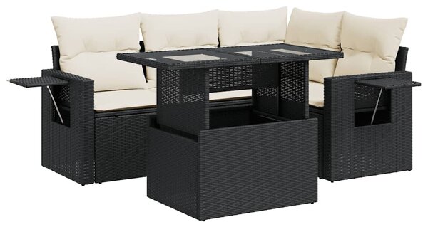5 részes fekete polyrattan kerti kanapészett párnákkal