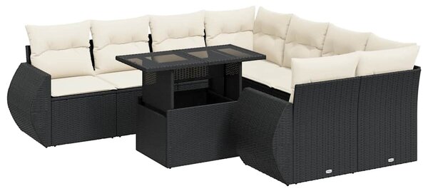 9 részes fekete polyrattan kerti ülőgarnitúra párnákkal