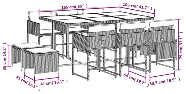 11 részes fekete polyrattan kerti étkezőgarnitúra párnákkal
