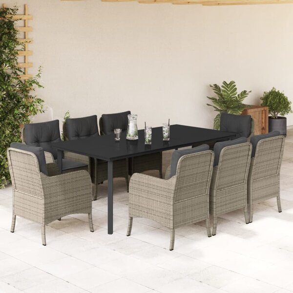 9részes világosszürke polyrattan kerti étkezőgarnitúra párnával