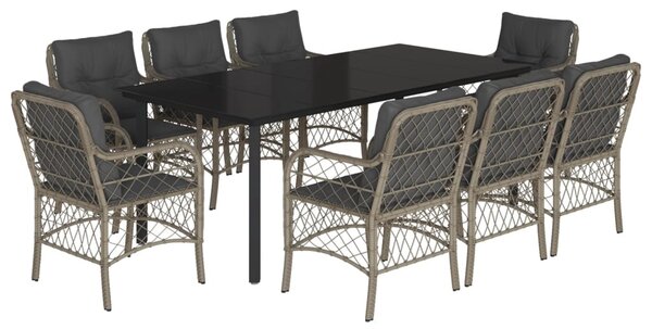 9részes világosszürke polyrattan kerti étkezőgarnitúra párnával