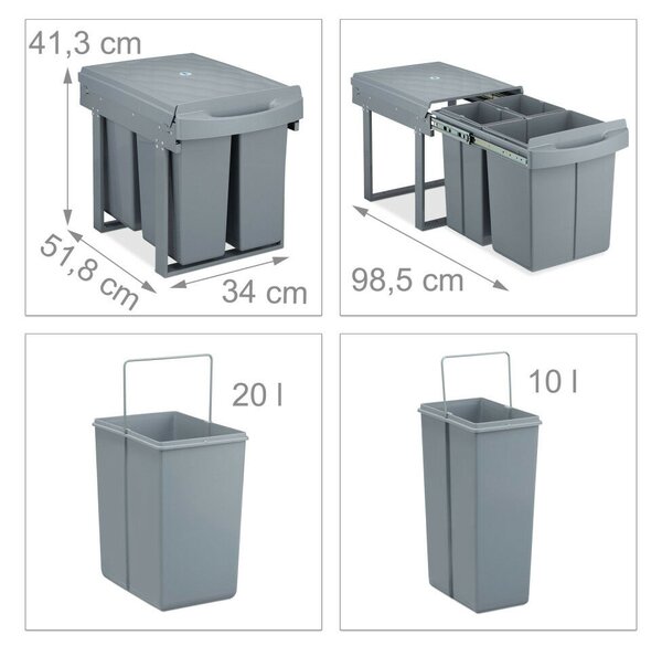 Beépíthető konyhai szelektív szemetes 1x20l és 2x10l szürke 10031546