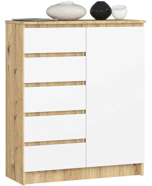 Akord Furniture Factory – Artisán Tölgy és Fehér Komód K80 1D 5SZ, 80x97x35 cm, 5 Fiók, 1 Ajtó