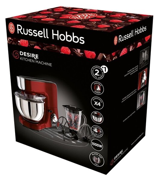 Russell Hobbs Multi konyhai robotgép [Dagasztó és mixer és 1,5 l-es üveg aprító] Desire Red (3 keverőeszköz, 2,5 kg-os rozsdamentes acél keverőtál)