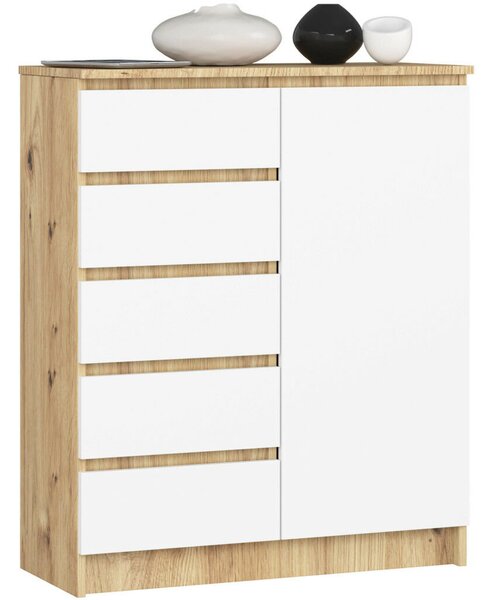Akord Furniture Factory – Artisán Tölgy és Fehér Komód K80 1D 5SZ, 80x97x35 cm, 5 Fiók, 1 Ajtó