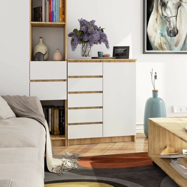 Akord Furniture Factory – Artisán Tölgy és Fehér Komód K80 1D 5SZ, 80x97x35 cm, 5 Fiók, 1 Ajtó