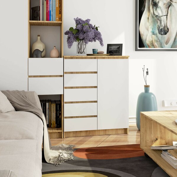 Akord Furniture Factory – Artisán Tölgy és Fehér Komód K80 1D 5SZ, 80x97x35 cm, 5 Fiók, 1 Ajtó