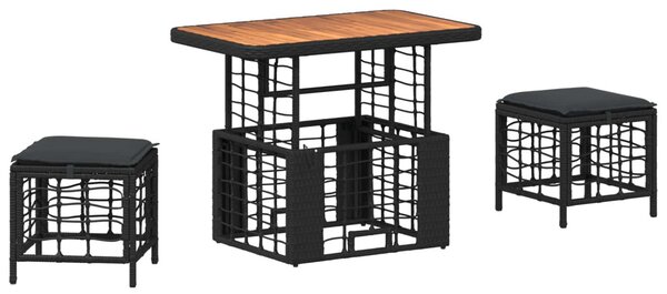 Kert étkező szett 3 pcs Fekete és Szürke Poli Rattan és Akácfa
