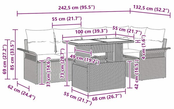 Kerti Kanapé Szett párnával tárolóval 6 pcs Szürke Poly Rattan