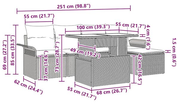 Kerti Kanapé Szett párnával 6 pcs Világosszürke Poli rattan