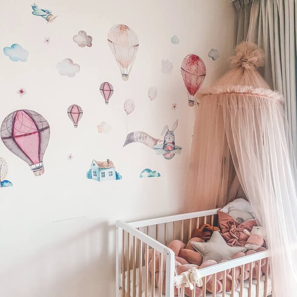 INSPIO - átragasztható textil matrica - Falmatrica gyerekszobába - Rózsaszín hőlégballon matrica névvel gyerekszobába