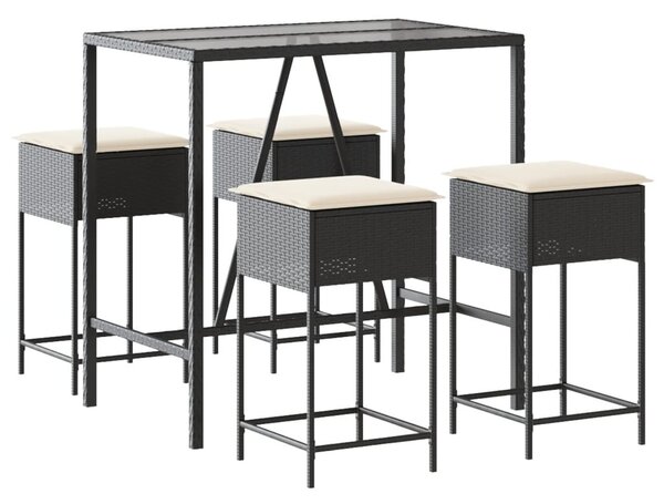 5 részes fekete polyrattan kerti bárszett párnával