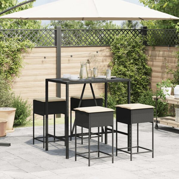 5 részes fekete polyrattan kerti bárszett párnával
