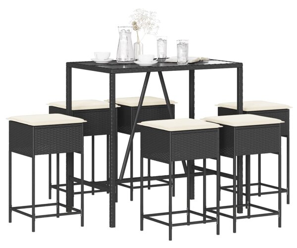 7 részes fekete polyrattan kerti bárszett párnákkal