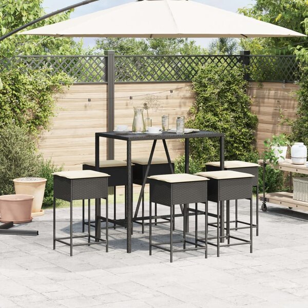 7 részes fekete polyrattan kerti bárszett párnákkal