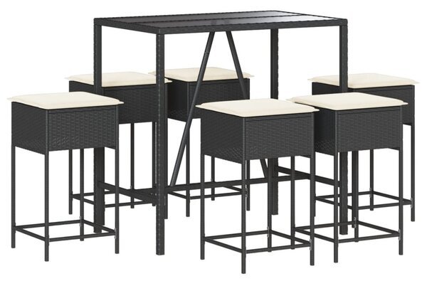 7 részes fekete polyrattan kerti bárszett párnákkal