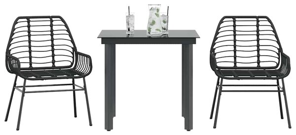 3 részes fekete polyrattan üveg kerti étkezőgarnitúra