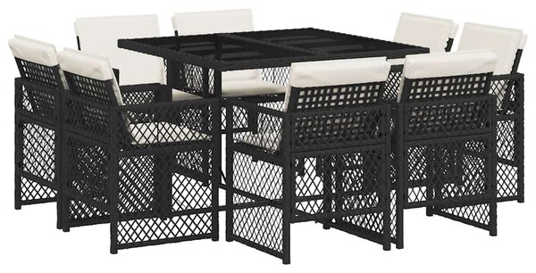 9 részes fekete polyrattan kerti étkezőgarnitúra párnákkal