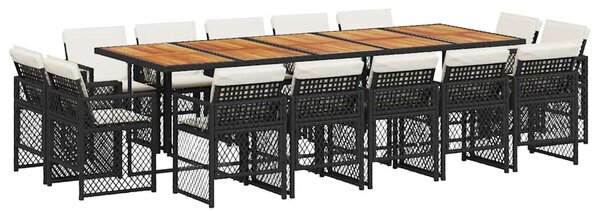 15 részes fekete polyrattan kerti étkezőgarnitúra párnákkal