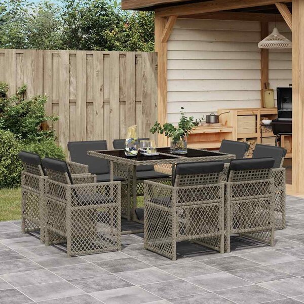 9 részes szürke polyrattan kerti étkezőgarnitúra párnával
