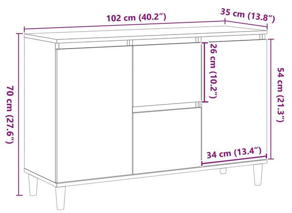 VidaXL Étkezőszekrény Fekete tölgy Tömör tölgyfa 103.7x35x70