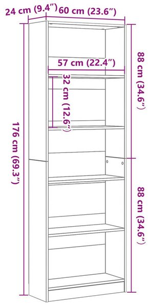 VidaXL Könyvespolc Fekete tölgy Mérnöki fa 60 x 24 x 176 cm Könyvespolc