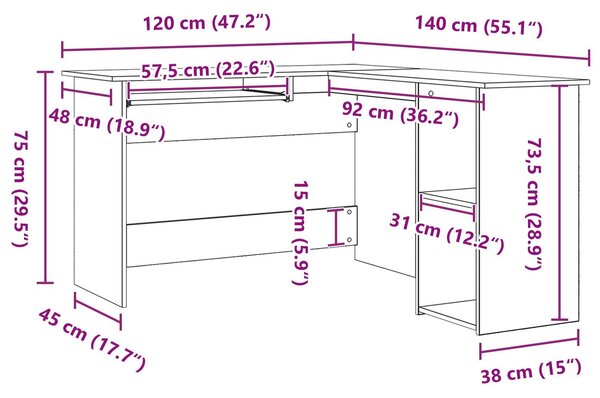 VidaXL Sarokasztal Fekete tölgy Mérnöki fa 140x120x75 cm Sarokasztal