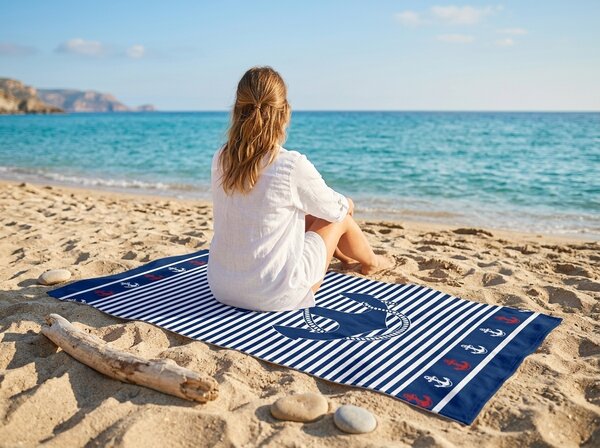 Gyorsan száradó strand fürdőlepedő MARITIMO kék-fehér 70 x 140 cm, 100% mikroszál