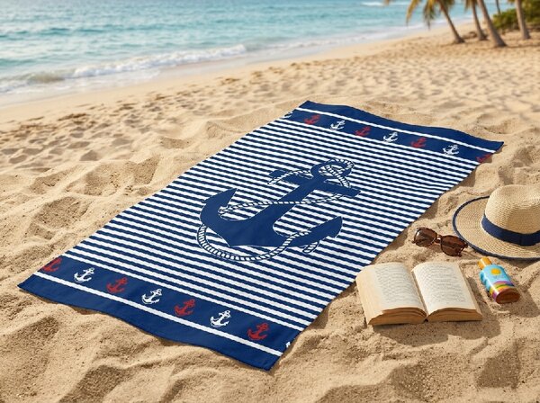 Gyorsan száradó strand fürdőlepedő MARITIMO kék-fehér 70 x 140 cm, 100% mikroszál