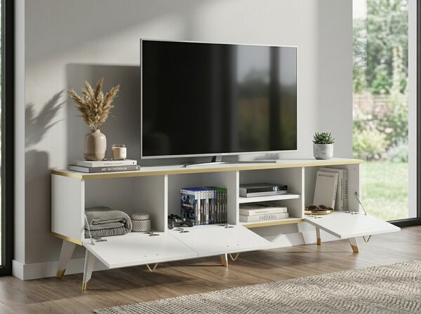 TV állvány CAROL 160 cm, fehér/arany