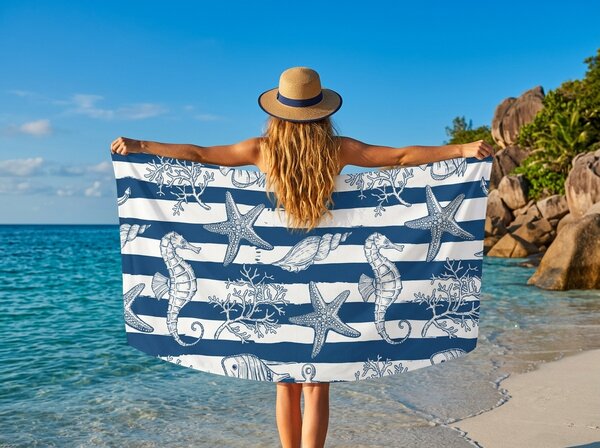Gyorsan száradó strandfürdőlepedő NAUVIA kék-fehér 70 x 140 cm, 100% mikroszál