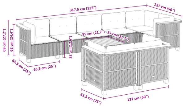 VidaXL 9 részes Kerti Ülőgarnitúra - Fekete Polyrattan