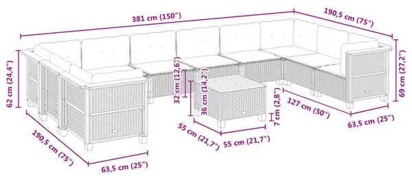 VidaXL Polyrattan Kerti Ülőgarnitúra - 11 részes - Fekete