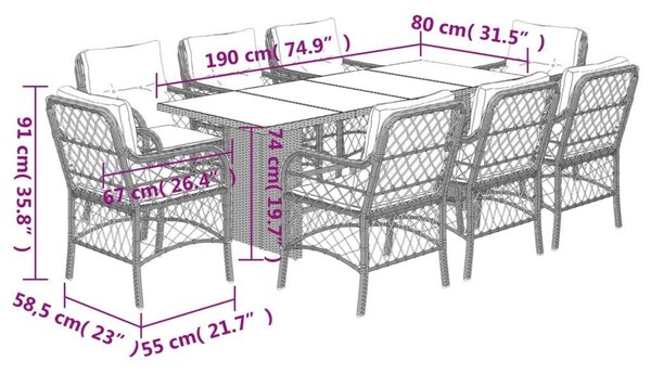 VidaXL 9 részes barna polyrattan kerti étkezőgarnitúra párnákkal