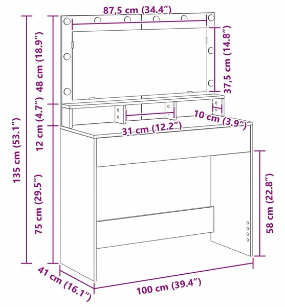 VidaXL Sonoma tölgy Forgácslap 100 x 41 x 135 cm Tükör Pipereszék