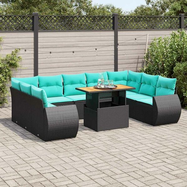 VidaXL 10 részes fekete polyrattan kerti ülőgarnitúra párnákkal