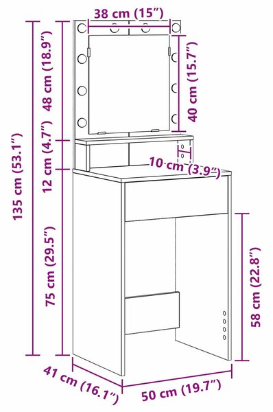 VidaXL Fehér Szerelt fa 50 x 41 x 135 cm Tükör Öltözőasztal
