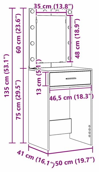 VidaXL Régi fa MDF 50 x 41 x 135 cm Tükör Piperasztal Négyszögletes