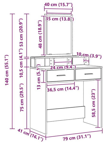 VidaXL Artisan tölgy Szerelt fa 79 x 41 x 140 cm Tükör Piperebútor