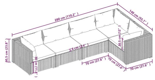 5-részes barna polyrattan kerti ülőgarnitúra párnákkal