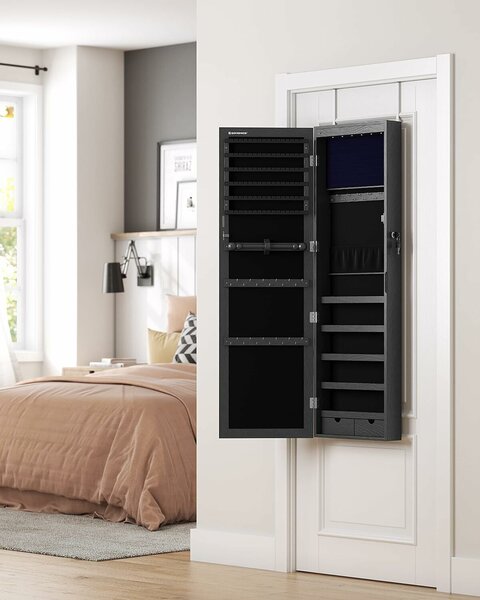 SONGMICS MDF ékszerszekrény tükörrel, falra szerelhető, 37x10x120 cm, fekete