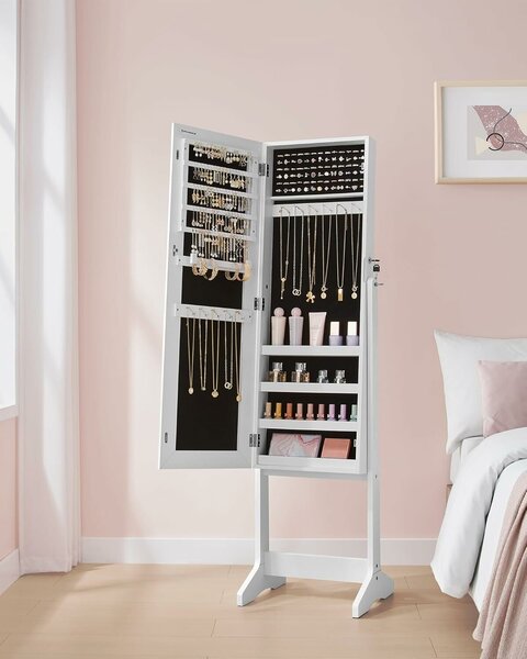 SONGMICS állótükör állvánnyal, MDF, tárolóhely, 41x37x152 cm, fehér