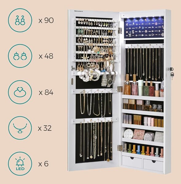 Függesztett tükör ékszertárolóval, fehér, 108 cm
