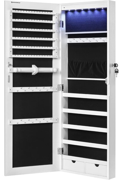 Függesztett tükör ékszertárolóval, fehér, 108 cm