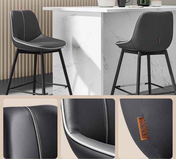 2 db VASAGLE bárszék szett, ergonomikus műbőr háttámlával, fém vázzal, 50x50x88 cm, fekete