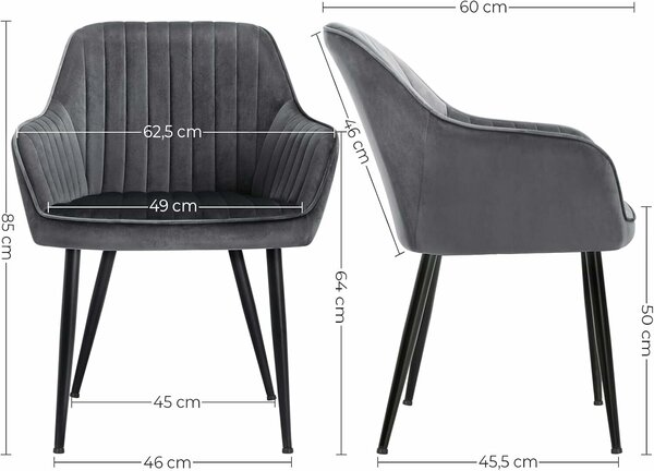 SONGMICS bársony kárpitozott nappali szék karfával, teherbírása 110 kg, 63x60x85 cm, szürke